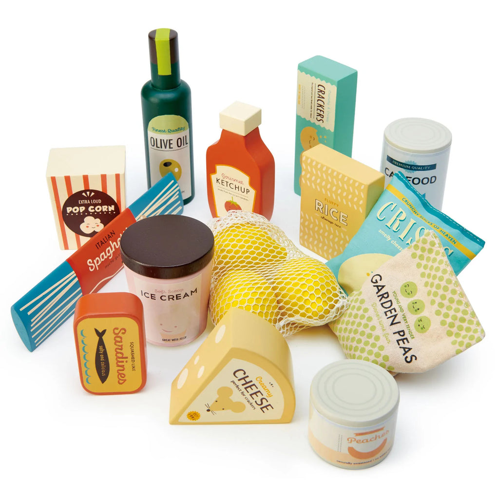 A collection of colorful, educational Grocery Sets including packages of rice, ketchup, cheese, and other foods along with bottles and cans, all designed for children's play.