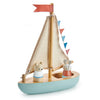 A colorful children's toy Wooden Sail Boat with a blue base, solid wood mast, fabric sails, and a red flag, featuring two cute mouse figures dressed as sailors.