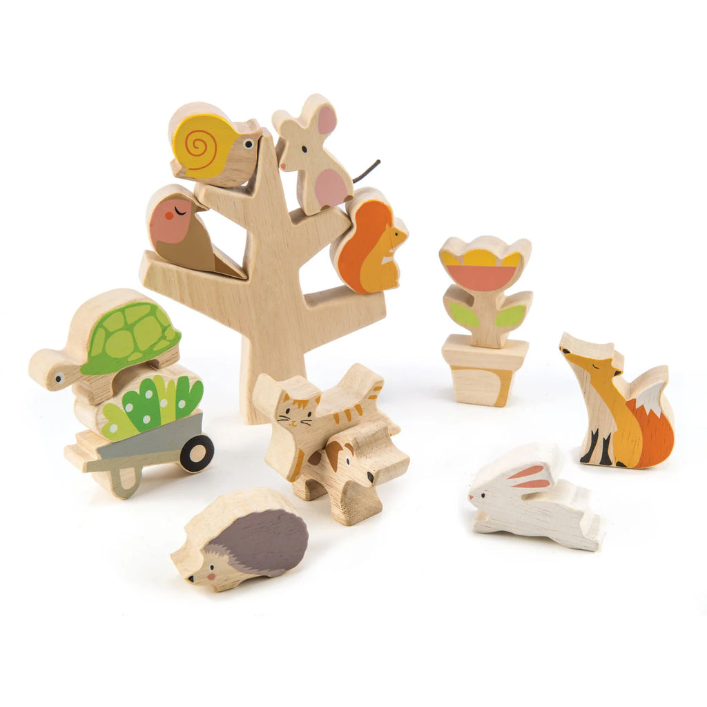 A collection of Stacking Garden Friends set against a white background, including a fox, hedgehog, turtle, birds, rabbits, and a tree with slots for the animals.