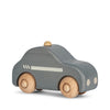 A simple Wooden Police Car crafted from responsibly sourced beech wood, painted in grey with visible wood-grain wheels and details, isolated on a white background.