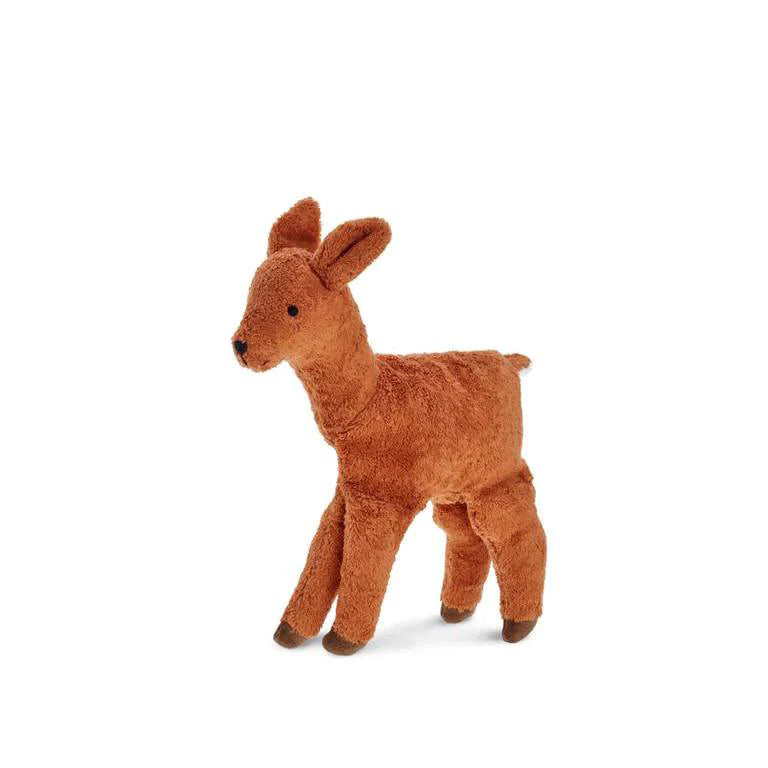 A Senger Naturwelt Cuddly Animal - Deer, crafted from organic cotton, in a standing pose with a light brown color, isolated on a white background.