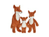 Three Senger Naturwelt Stuffed Animal - Fox toys of varying sizes, handmade from reddish-brown fur and white underbellies, standing together against a white background.
