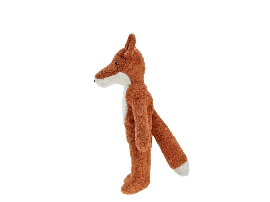 Senger Naturwelt Stuffed Animal - Fox, profile view, with orange and white fur, handmade toys, isolated on a white background.