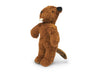 A Senger Naturwelt Stuffed Animal - Baby Beaver handmade in Germany, with a dark brown texture, standing up with its right arm slightly raised, isolated against a white background.