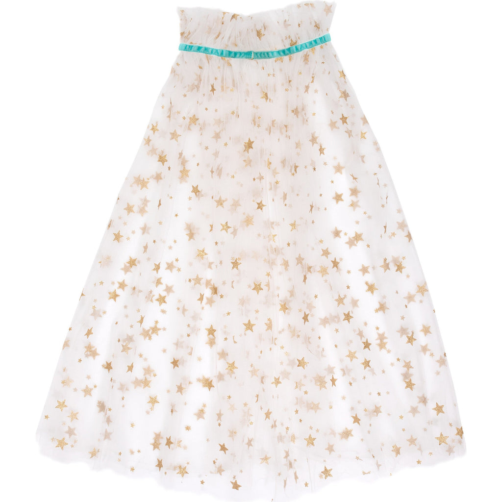 A Meri Meri White Tulle Star Cape Costume decorated with gold glitter stars and a teal ribbon around the waist, displayed against a plain white background.