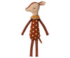 A sweet deer stuffed animal toy measuring 15.75 inches, with brown fur and white polka dots on its body. It has a tan face, features closed stitched eyes, wears a yellow ruffled collar, and has long, thin limbs. The Maileg Sleep Wakey Bambi Deer is perfect for cuddles and playtime alike.