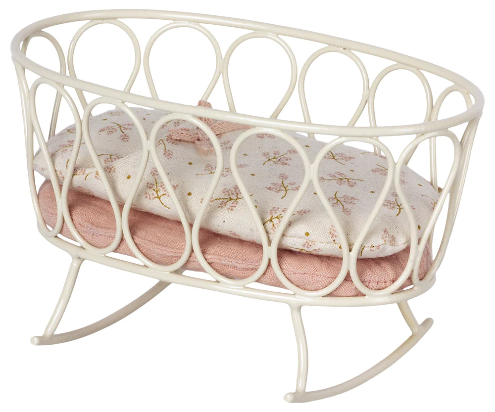 Maileg Miniature Cradle with floral-patterned soft sleeping bag on a white background.