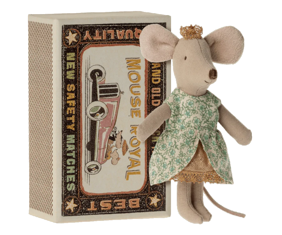 A Maileg Princess Little Sister mouse doll in a floral patterned attire stands next to a vintage "new safety matches" box featuring graphics of a mouse and a car. The items are displayed on a white background.