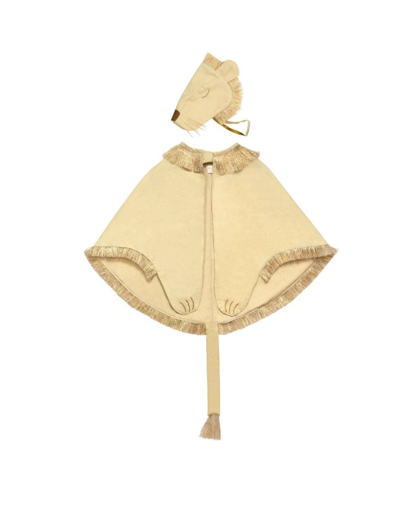 An ornate beige and gold ceremonial cape with a horse head-shaped clasp and detailed embroidery, designed as the Meri Meri Lion Costume for ages 3-6, displayed against a white background.