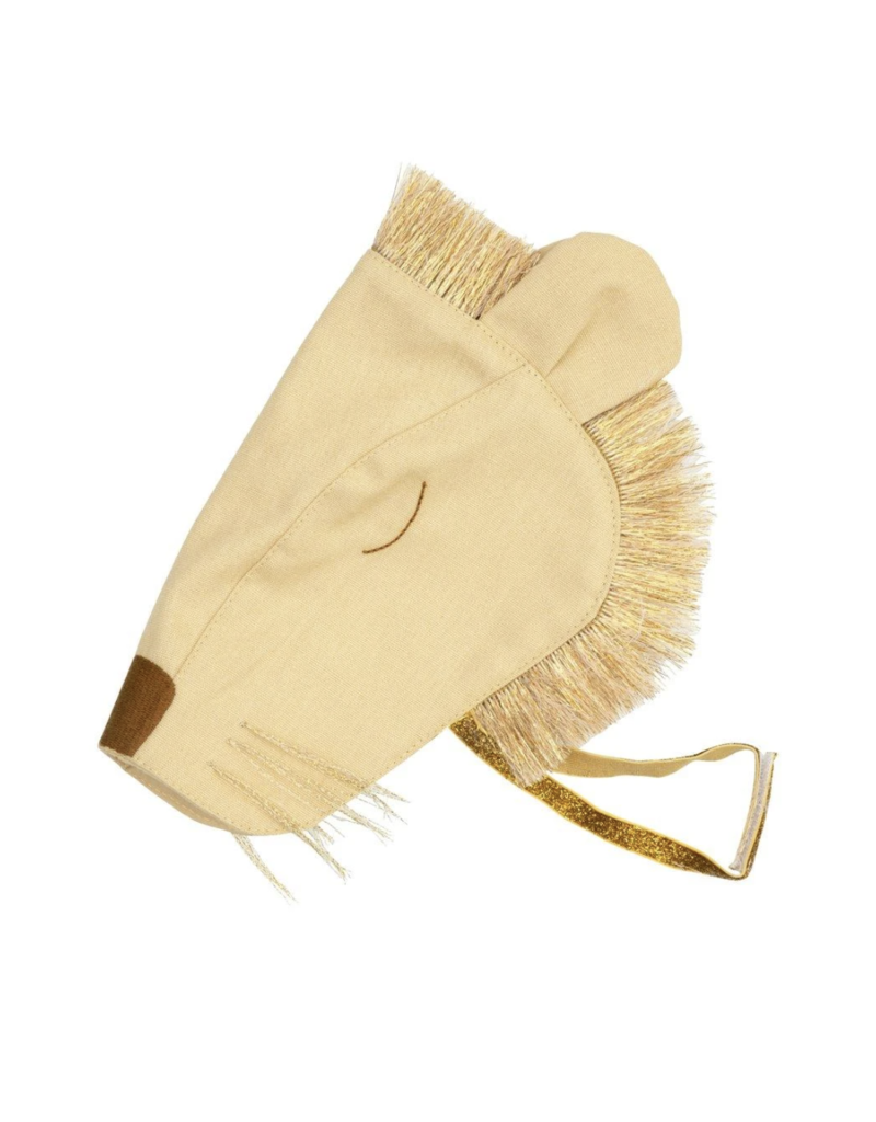 A light beige Meri Meri Lion Costume bath mitt with fringed edges and a hanging loop, isolated on a white background.