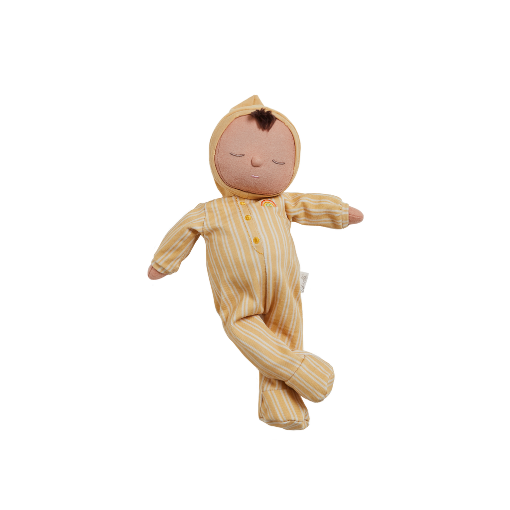 A plush doll representing a sleeping baby dressed in a yellow striped onesie with a hood, depicted against a black background. This limited edition piece is part of the "Olli Ella Dozy Dinkum Doll - Daydream Edition.