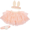 A Meri Meri Peach Tulle Bunny Costume for children, featuring a fluffy skirt with floral decorations, matching bunny ears headband, and a tail accessory, all isolated on a white background. This Easter costume is perfect for seasonal.