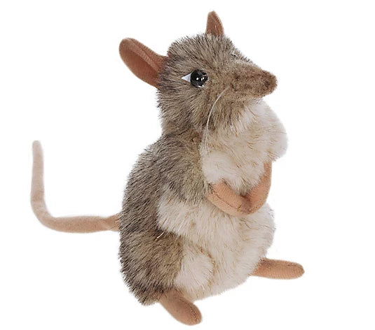 A Mouse Stuffed Animal with realistic features, featuring brown and white fur, perked-up ears, and a long tail, standing upright on its hind legs with front paws held together.