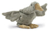 A Senger Naturwelt Cuddly Animal - Grey Goose, resembling a grey bird with outstretched wings and an orange beak, positioned as if in mid-flight, against a plain white background.