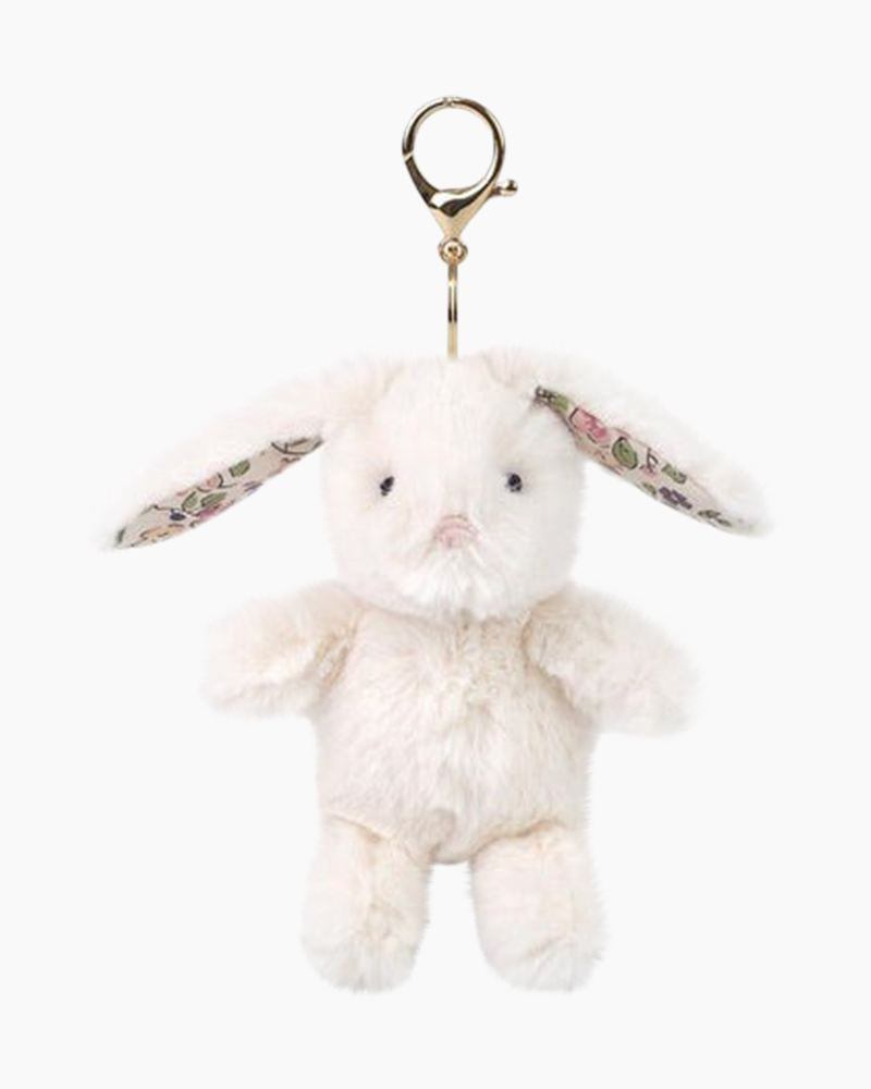 The Mon Ami - Bunny Keychain / Bag Charm features a plush white bunny with floral fabric inside its long ears and a gold clasp. Perfect as a cute accessory or bag charm, it's set against a plain white background.
