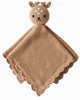 The Cuddle + Kind Organic Cotton Baby Fawn Lovey is a light brown, heirloom-quality knitted blanket featuring a plush deer head with embroidered details, small antlers, and ruffled edges for extra charm.