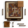 The Board Game: Scrabble Heirloom with Rotating Game Board includes wooden tiles, tile racks, a sand timer, a tile bag, and a box lid—all crafted from premium woods for timeless appeal.