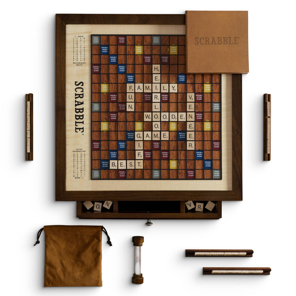 The Board Game: Scrabble Heirloom with Rotating Game Board includes wooden tiles, tile racks, a sand timer, a tile bag, and a box lid—all crafted from premium woods for timeless appeal.