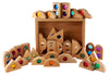 A variety of Bauspiel Fairytale Mixed Gemstone Sets with Tray, including blocks with colored gems and geometric shapes, creatively arranged against a white background.