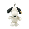 The Steiff Snoopy Keyring features a plush white dog with black ears and a black nose, styled after the beloved Peanuts character, and hangs from a sturdy metal clip.