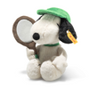 The Steiff Snoopy Tennis Player is a plush toy featuring Snoopy in a green visor and collar, holding a brown tennis racket with a yellow Steiff tag—an ideal collectible for Steiff enthusiasts and Peanuts fans alike.