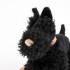 A close-up of Pull-Along Walter, a black stuffed dog with curly fur, a beige nose, and a red-striped collar, sits atop wooden wheels like an adorable pull-along toy against a white background.
