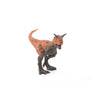 A Schleich Carnotaurus Large Realistic Dinosaur Toy With Movable Jaw stands on a white background, facing slightly to the right. This educational toy features orange and dark gray coloring, two small arms, sharp teeth, and two horns above its eyes.
