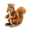 The Steiff Niki Squirrel is a plush toy with soft brown fur, a bushy tail, white belly, and the classic Steiff Button in Ear tag—an authentic collectible perfect for squirrel lovers.