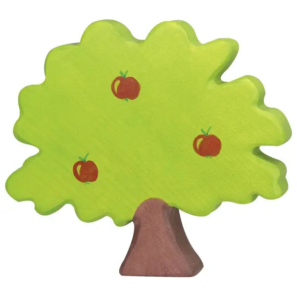 A simple illustration of an apple tree with a brown trunk and a lush green canopy. Three red apples are scattered amongst the foliage. With its stylized, cartoon-like appearance, it evokes the charm of Holztiger Apple Tree, known for their handmade wooden toys high quality Made in Europe.