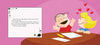 Linus chats with Sally at a table of paper and pencils; she smiles with hearts overhead. A text box shares a tale from It’s the Great Pumpkin, Charlie Brown by Charles M. Schulz on a pink diamond-patterned background.