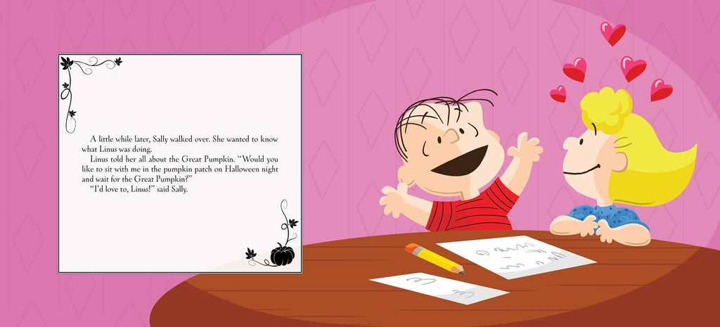 Linus chats with Sally at a table of paper and pencils; she smiles with hearts overhead. A text box shares a tale from It’s the Great Pumpkin, Charlie Brown by Charles M. Schulz on a pink diamond-patterned background.