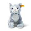 The Steiff Cassie Cat, Ice Blue, is a plush stuffed animal with a friendly expression that sits upright. It has a soft, fluffy texture, is machine washable, and features the signature yellow Steiff tag in its left ear.
