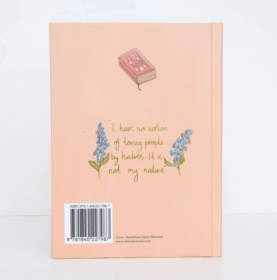 The Northanger Abbey Collector's Edition hardcover features a peach back cover with a small closed book illustration at the top, handwritten text in the center, and two lavender sprigs. Barcode and ISBN appear bottom left—ideal for Jane Austen fans.