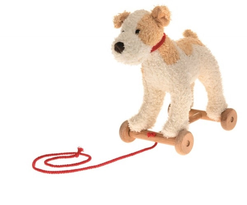 A Pull-Along Eliot Dog plush dog on wooden wheels with a red string, isolated on a white background.