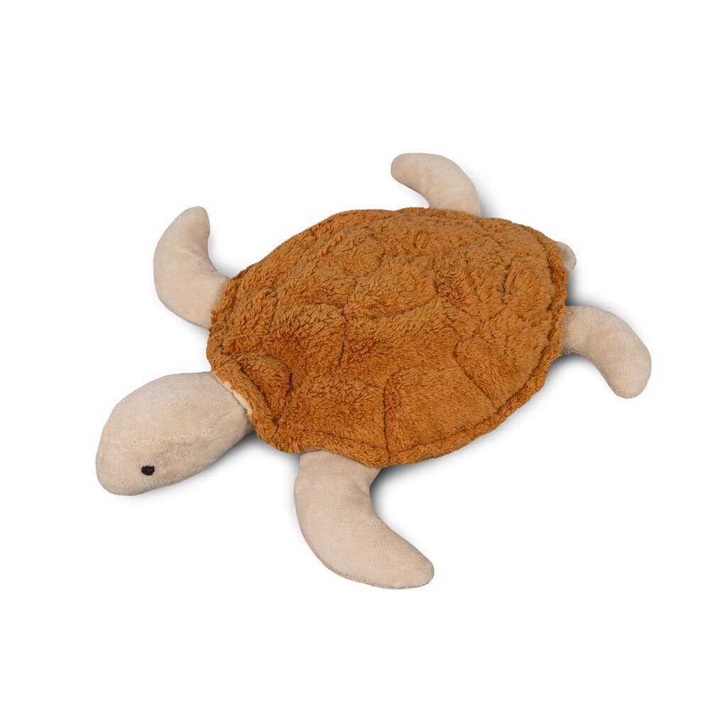 The Senger Naturwelt Cuddly Animal - Turtle is a soft, plush toy with a brown textured shell and beige flippers, head, and tail. Made from organic cotton for extra comfort, it’s perfect for snuggling. Shown on a white background.