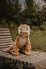 A young child in the Costume - Tiger kneels playfully on a wooden bench outdoors, smiling with green trees and grass in the background.