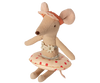 The Maileg Tube, Small Mouse - Red Dot is a charming stuffed toy mouse dressed as a ballerina, featuring large ears, a pointed nose, and a pink headband adorned with lace. This little mouse wears a light pink tutu with red polka dots and is accented by a lacy floral belt. It strikes an elegant pose with its arms and legs extended outward.