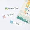 Three cards with the labels "Outside Time," "Eat Snack," and "Play" are positioned next to a section of the Routines Visual Schedule. This chart, created to foster children's habits, features vibrant illustrations and designated schedule slots.