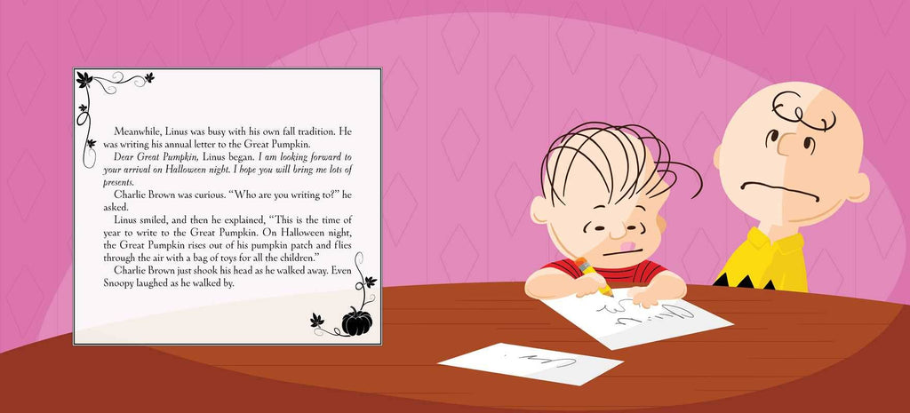 In this scene from It’s the Great Pumpkin, Charlie Brown by Charles M. Schulz, Linus writes a letter about the Great Pumpkin at a table while Charlie Brown watches on a pink, pumpkin-patterned wall.