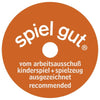 A round orange "spiel gut" badge with white text, awarded to handcrafted wooden toys like the Holztiger Foal, Standing figure—expertly made in Europe and recognized for outstanding quality.