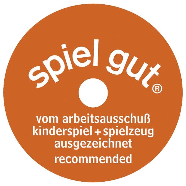 A round orange "spiel gut" badge with white text, awarded to handcrafted wooden toys like the Holztiger Foal, Standing figure—expertly made in Europe and recognized for outstanding quality.