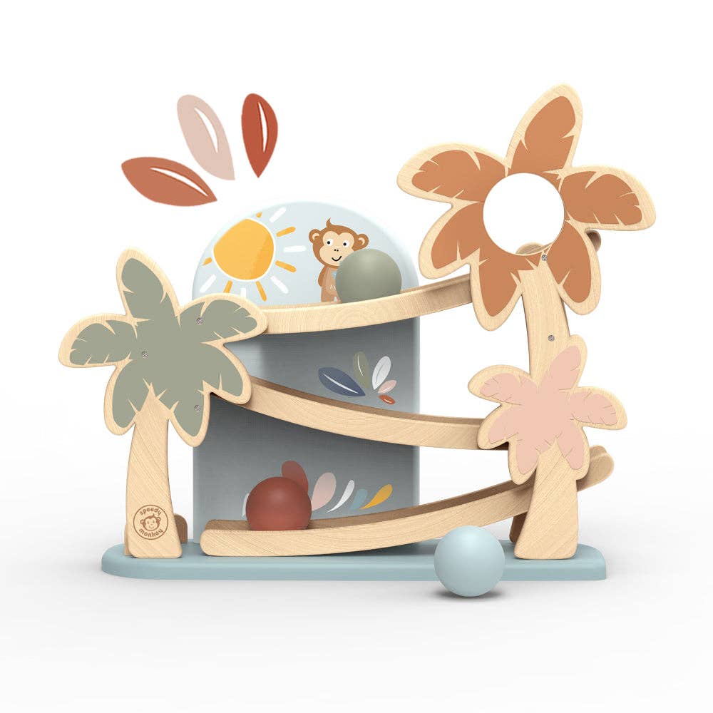 The Wooden Ramp Racer features three palm trees, a sun, and a monkey illustration. Colorful balls roll down winding tracks. Made from FSC-certified wood with pastel, nature-themed details, it's perfect for developing fine motor skills.