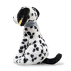 The Steiff Oskar Dalmatian Dog is an 11-inch plush stuffed animal with black spots, a black tail, a gray collar, and a yellow tag on its left ear. It sits upright facing left.