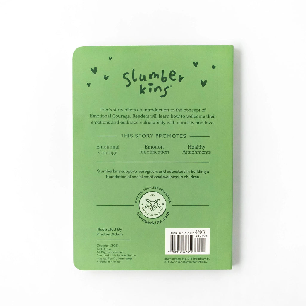 The back cover of the Slumberkins Ibex Kin + Lesson Book On Emotional Courage featuring a brief summary that promotes emotional courage, an illustration credit to Kristen Rask, a barcode, and the logo of Slumberkins on.