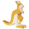 A handcrafted Holztiger Kangaroo With Young, made in Europe. The stylized design features simplified shapes and painted details. The kangaroo's tail is extended, and the joey’s head pokes out of the pouch, both looking forward. Inspired by HOLZTIGER figures.