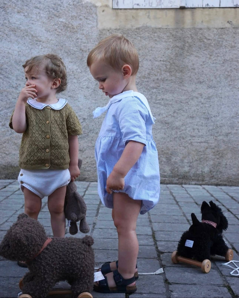 Two toddlers wearing vintage-style outfits stand on a cobblestone street, each holding a small stuffed animal. Nearby on the ground are Pull-Along Walters—wooden pull-along toys with chunky wheels shaped like dogs—that encourage the development of gross motor skills. One child looks down while the other appears thoughtful.