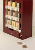 The Wooden Play Vending Machine features a burgundy frame, white knobs, and illustrated wooden fruit and cheese blocks. With two wooden coins included, this pretend play toy helps develop motor skills.