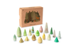 The Grapat Play Set - Forest Tree features sustainable wooden toys painted with non-toxic dyes, beautifully arranged in front of a forest-themed box labeled "Forest Trees.