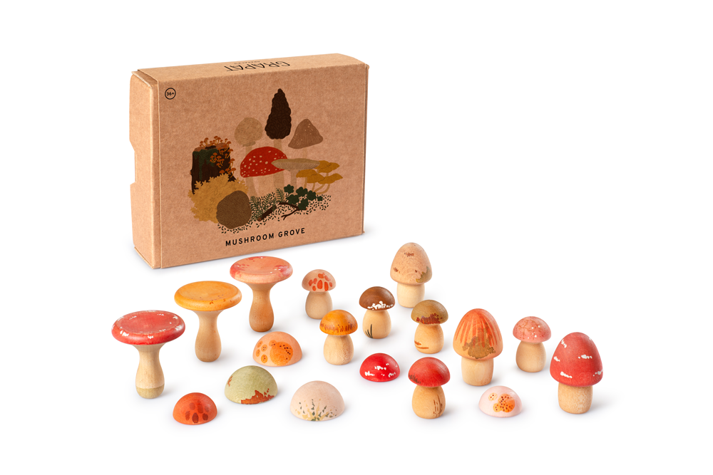 The Grapat Play Set - Mushroom Grove features a vibrant collection of hand-painted wooden mushrooms in assorted shapes and sizes, arranged before an illustrated box—ideal for open-ended, imaginative play.