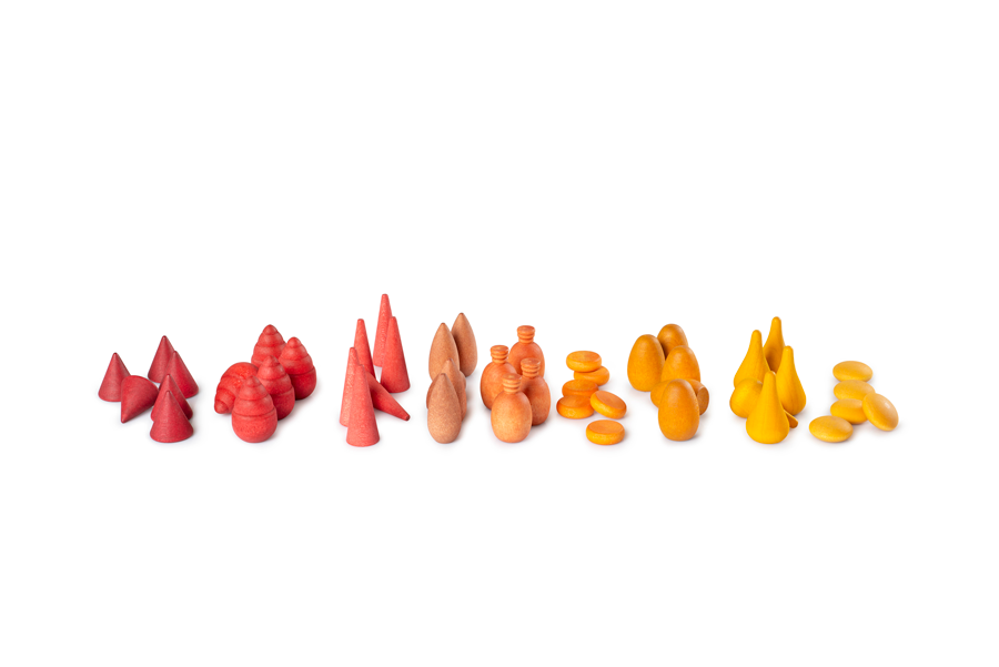 The Grapat Mandala Mix - Warm features sustainable wooden toys in red, orange, and yellow hues, arranged by color on a white background—ideal for crafting your own vibrant mandala creations.